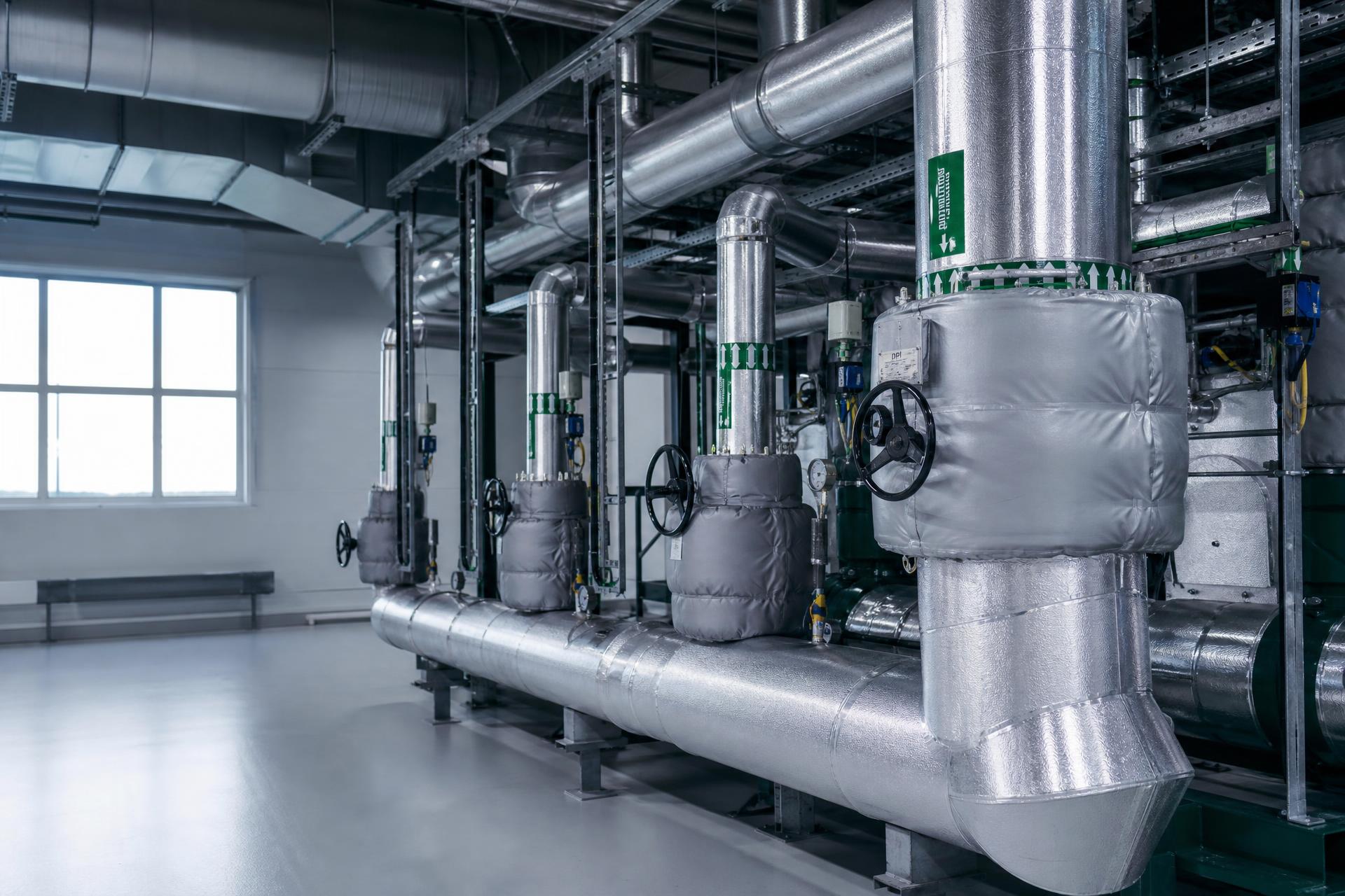 Isolerade rör och ventilationskanaler i en teknikcentral
